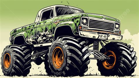 Drawing Of A Monster Truck On A Green Field Background, Monster Truck Printable Picture, Truck ...