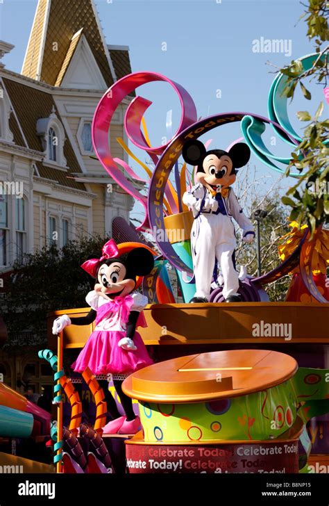 Mickey and Minnie Mouse on parade float, Main Street USA, Walt Disney World Magic Kingdom theme ...