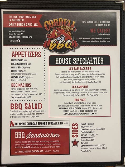 Menu at Brothers BBQ, Heber Springs