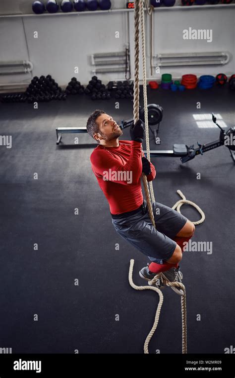 Athlete during rope climb exercise at gym Stock Photo - Alamy