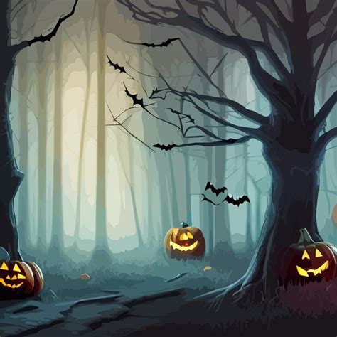 Premium Vector | Dark forest halloween background with bats trees ...