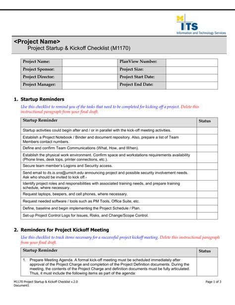 Project Start-up & Kickoff Checklist