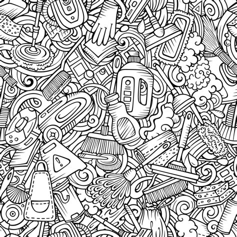 Cartoon Cute Doodles Hand Drawn Cleaning Seamless Pattern Background, Cartoon, Foam, Duster ...