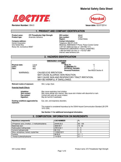 Loctite 272 50ml 27240 MSDS | PDF | Personal Protective Equipment ...