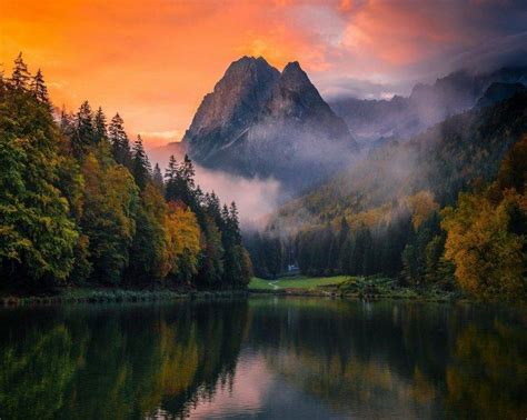 lake, Mountain, Forest, Germany, Mist, Sunset, Fall, Trees, Water, Sky, Nature, Landscape ...