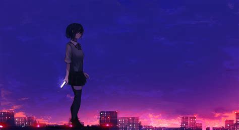 Anime Girl, Rooftop, Buildings, Sunset, School Uniform, - Anime Girl City Lights - 2988x1632 ...