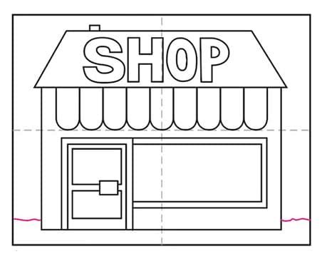 Easy How to Draw a Shop Tutorial and Shop Coloring Page