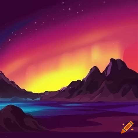 Highly detailed vector drawing of mars landscape during dusk with stars, multi-colored vibrant ...