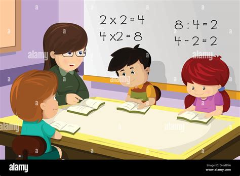 A vector illustration of kids studying math in classroom with teacher ...