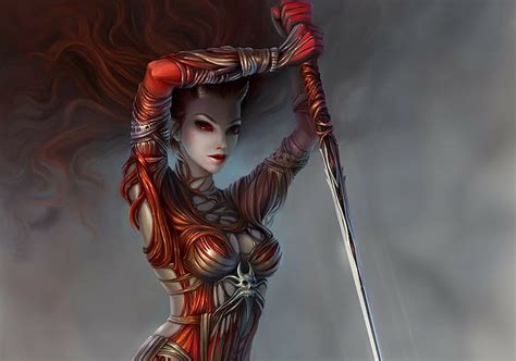 HD wallpaper: red haired woman holding spear wallpaper, fantasy art, demon | Wallpaper Flare