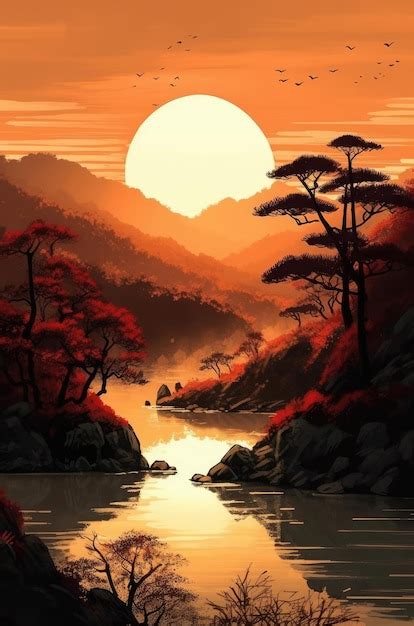 Premium AI Image | Japanese traditional minimalist sunset landscape painting