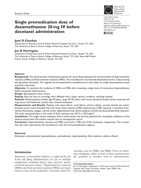 Single premedication dose of dexamethasone 20 mg IV before docetaxel administration (PDF ...