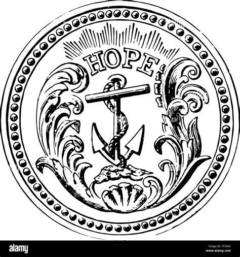 State seal of Rhode Island adopted in 1664 having an anchor with the word HOPE vintage line ...