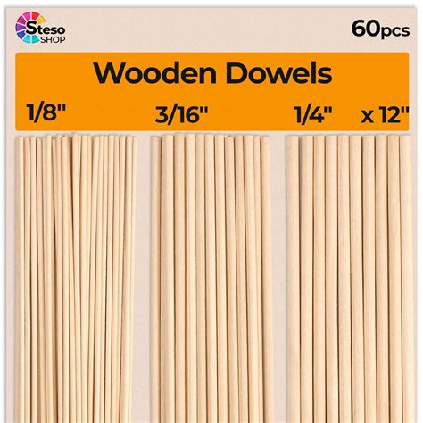 Wooden Dowel Rods for Craft - 60 pcs Round Wood Dowels 12 inch in Varying Sizes - 1/8, 3/16, 1/4 ...