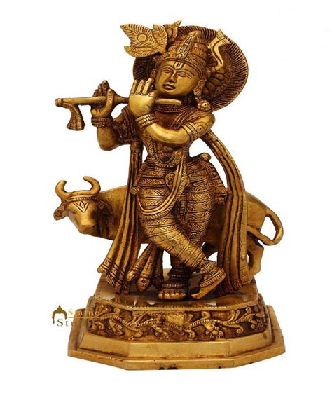 Antique statue Lord Krishna hindu god deity with cow pooja religious ...