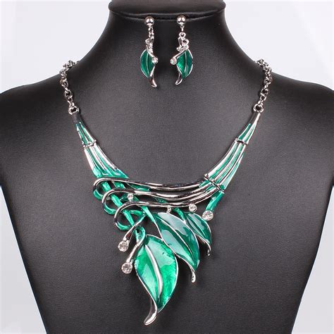 European Leaves Enamel Inlay Crystal Necklace Earrings Jewelry Set | Alexnld.com