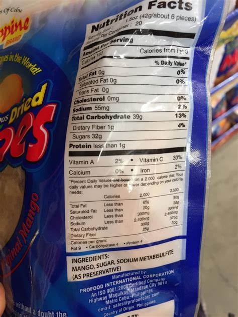 Philippine Brand Dried Mangoes Nutrition Facts Ingredients Serving Size ...