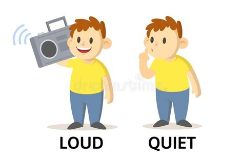 Words quiet and loud flashcard with cartoon characters. Opposite ...