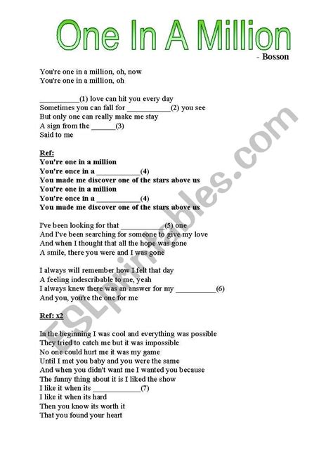 song, one in a million - ESL worksheet by loveheart