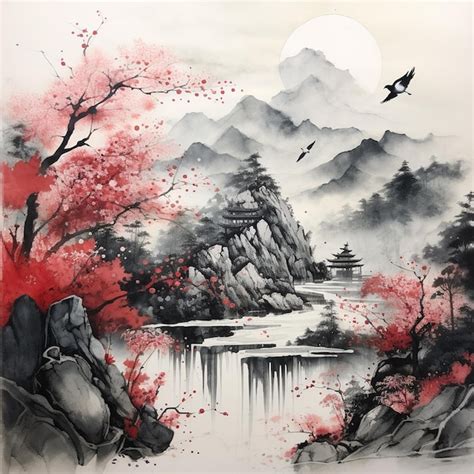 Premium AI Image | Majestic Japanese Landscape Ink Wash Painting