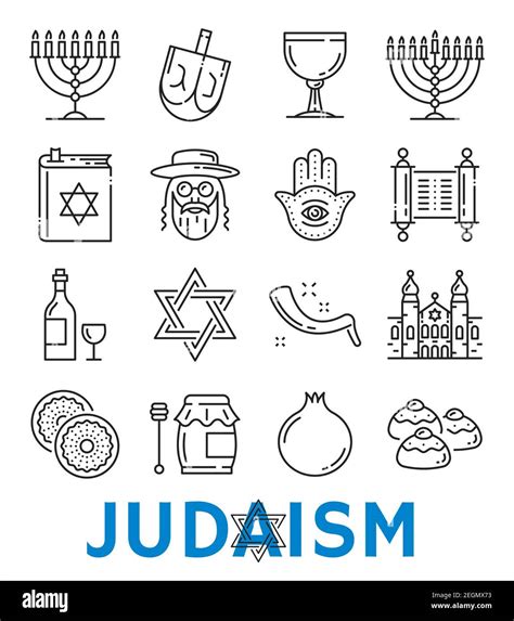 Judaism symbols of Jewish religious thin line art icons. Vector ...