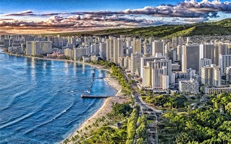 Download wallpapers Honolulu, Waikiki Beach, evening, sunset, american city, Honolulu cityscape ...