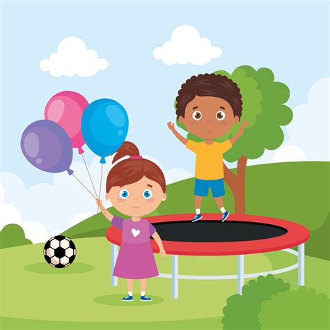 little children in park landscape with trampoline jump and balloons ...