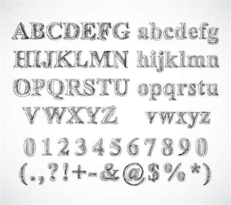 Free Vector | Sketch hand drawn alphabet black and white font letters numbers and symbols ...