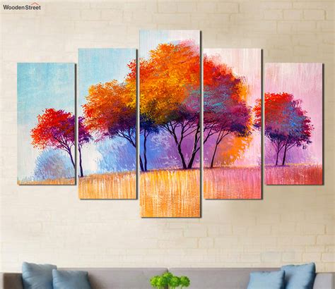 Buy Colorful Tree Oil Painting Laminated 5 Panels Wall Art Online in India at Best Price ...