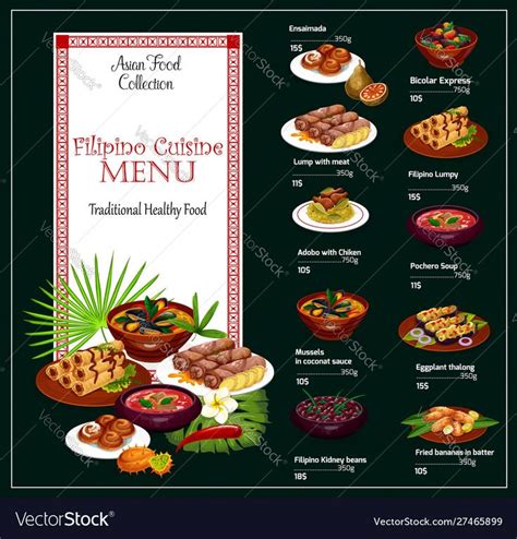 Filipino cuisine restaurant menu template of Asian food vector design. Chicken rice adobo, meat ...