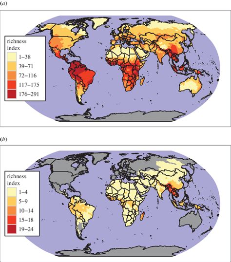 Species richness maps for (a) all terrestrial mammals and (b) mammals... | Download Scientific ...