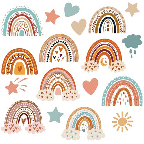 Buy 90 Pieces Boho Rainbows Hearts Cutouts Bohemian Rainbow Clouds Star Heart Sun Bulletin Board ...