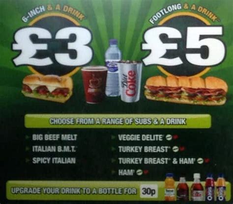 Menu at Subway fast food, Edinburgh, 11 Forrest Rd