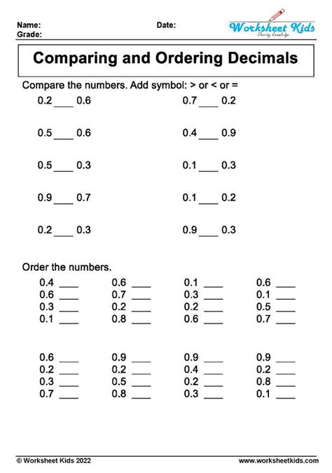 Comparing and Ordering Decimal Worksheets for Grade 4 & 5