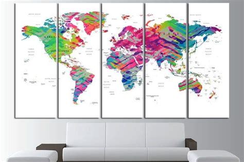 Colorful Push Pins World Map on Canvas, World Map Decor Wall, Mar of ...