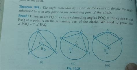 Theorem 10.8: The angle subtended by an arc at the centre is double the a..