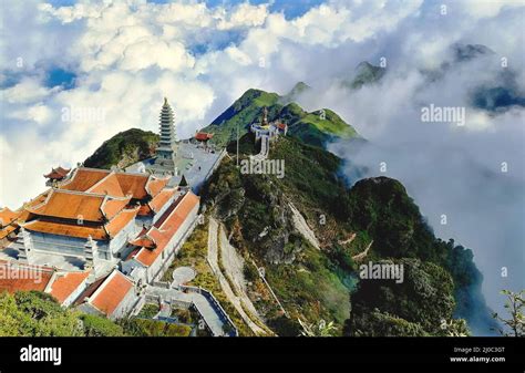 Stunning aerial view of the temples on Fansipan mountain in the Lào Cai province in Vietnam ...