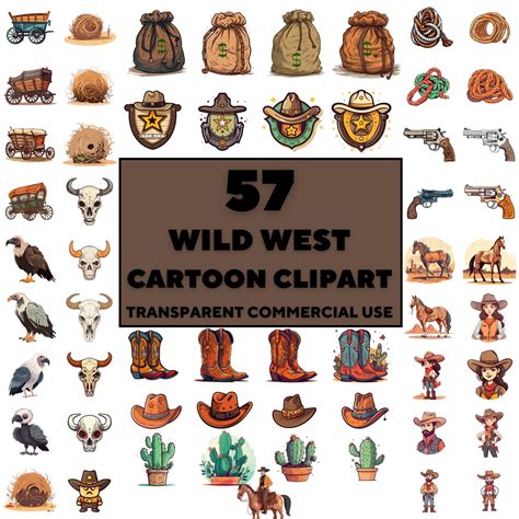 WILD WEST CARTOON Clipart Bundle 57x Png Western Watercolor Transparent ...