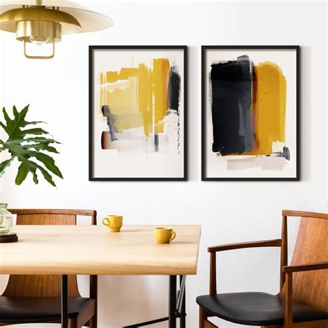 Mustard Yellow Abstract Wall Art Set Of Two Prints | Yellow wall art ...