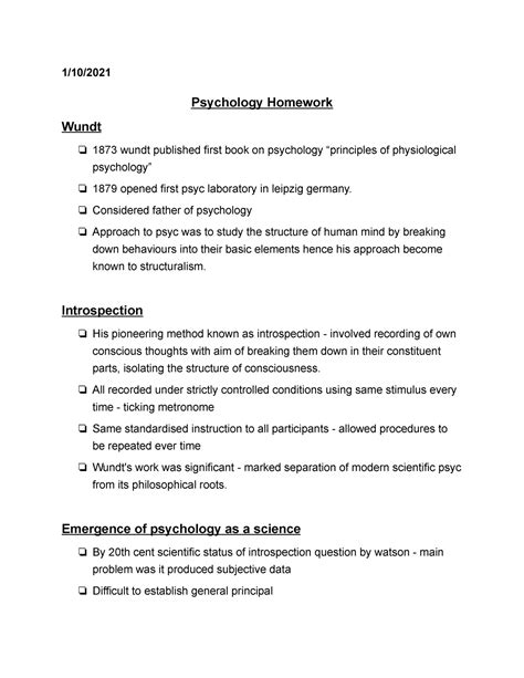 1 approaches wundt - psychology - 1/10/ Psychology Homework Wundt 1873 ...