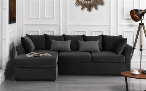 Classic L-Shape Couch Large Velvet Sectional Sofa with Extra Wide Chaise Lounge, Dark Grey ...