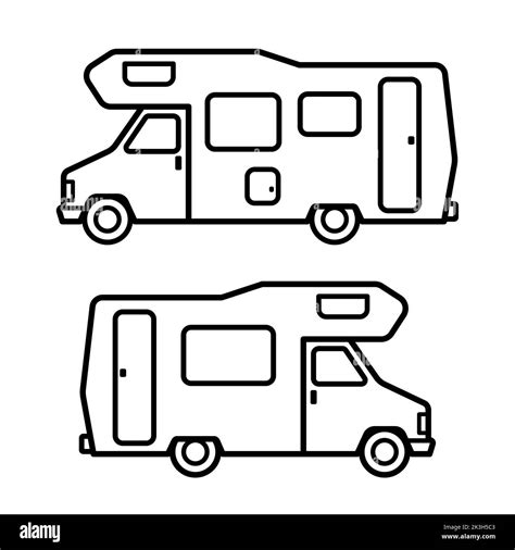 Vintage motorhome or camper van side view - retro vector icon set with bold black outlines on ...