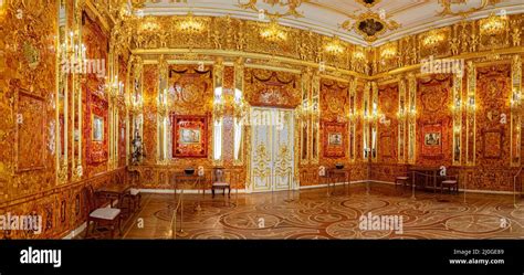 Saint-Petersburg, Russia - March 25 2021: Interior Amber Room, Catherine palace. The former ...