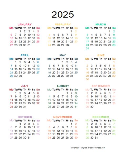 2025 Colorful Yearly Excel Calendar - Free Printable Templates