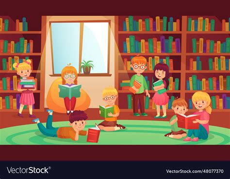 Kids in library reading books girls and boys Vector Image