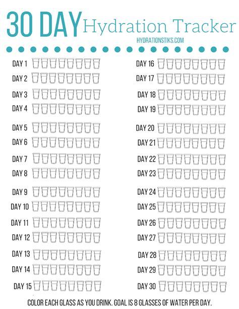 30 Day Hydration Tracker- Track how much Water you Drink Every Day