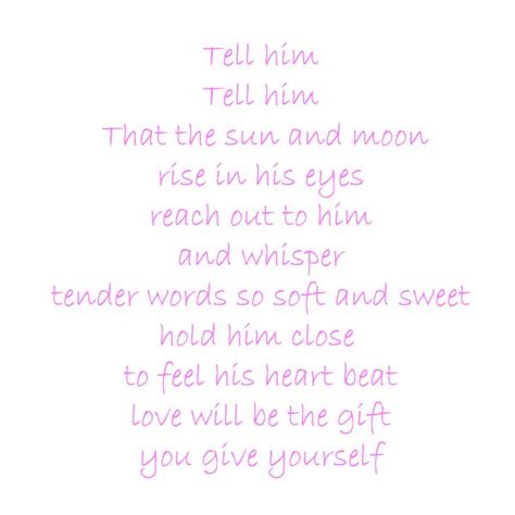 a poem written in pink ink with the words tell him that the sun and moon rise in his eyes reach ...