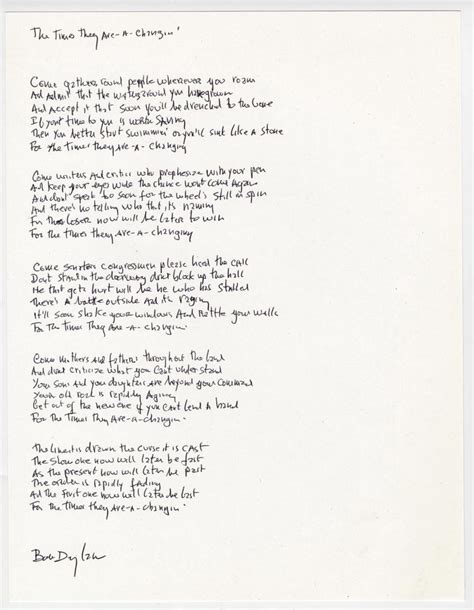 Sold Price: Bob Dylan Handwritten Signed Lyrics "The Times They Are A ...