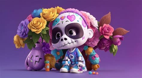 Premium AI Image | Kid with Day of the Dead Face Paint 3D Render of Colorful Floral Skull on ...