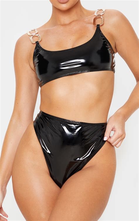 Black Vinyl High Waist High Leg Bikini Bottom | PrettyLittleThing USA